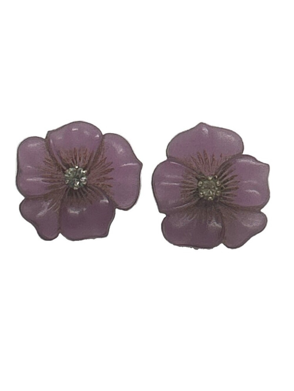 Vintage Translucent Purple Flower Stud Earrings with Rhinestones Pierced